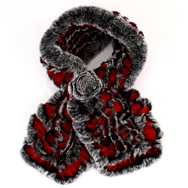 Knitted Rex Rabbit fur scarf women winter warm female Flower wave neck wraps - Grey Red