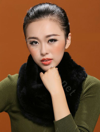 Knitted Rex rabbit fur scarf women winter warm female Circle neck wrap - Black