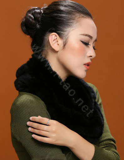Knitted Rex rabbit fur scarf women winter warm female Circle neck wrap - Black