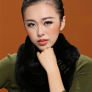 Knitted Rex rabbit fur scarf women winter warm female Circle neck wrap - Black
