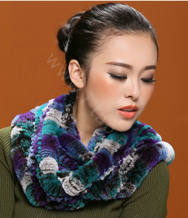 Knitted Rex rabbit fur scarf women winter warm female Circle neck wrap - Blue