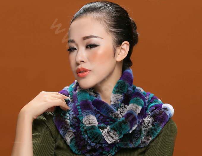 Knitted Rex rabbit fur scarf women winter warm female Circle neck wrap - Blue
