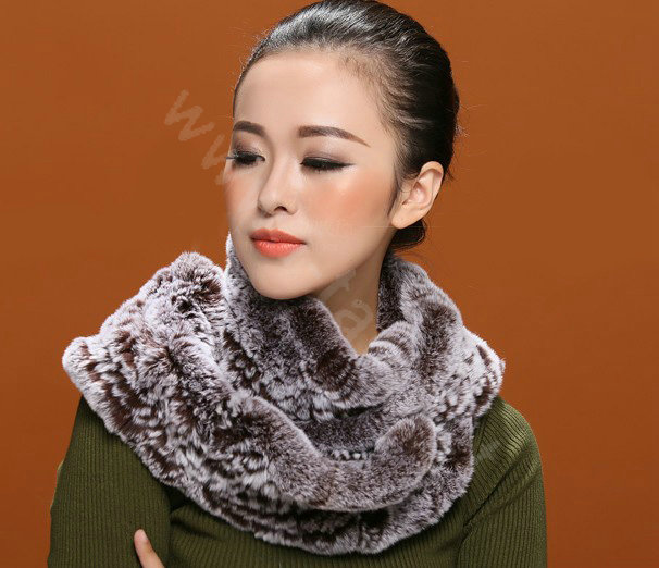 Knitted Rex rabbit fur scarf women winter warm female Circle neck wrap - Coffee
