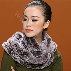 Knitted Rex rabbit fur scarf women winter warm female Circle neck wrap - Coffee