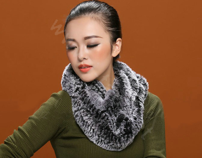 Knitted Rex rabbit fur scarf women winter warm female Circle neck wrap - Drak Grey