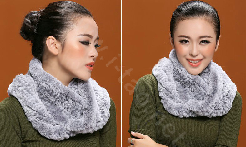 Knitted Rex rabbit fur scarf women winter warm female Circle neck wrap - Grey