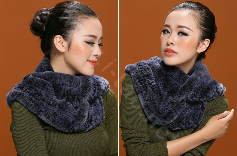 Knitted Rex rabbit fur scarf women winter warm female Circle neck wrap - Navy