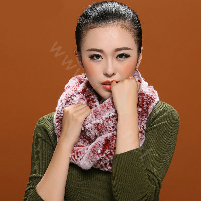Knitted Rex rabbit fur scarf women winter warm female Circle neck wrap - Pink