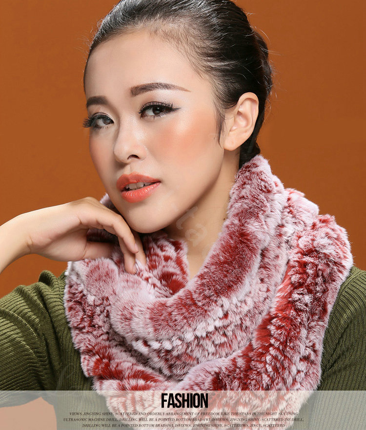 Knitted Rex rabbit fur scarf women winter warm female Circle neck wrap - Pink
