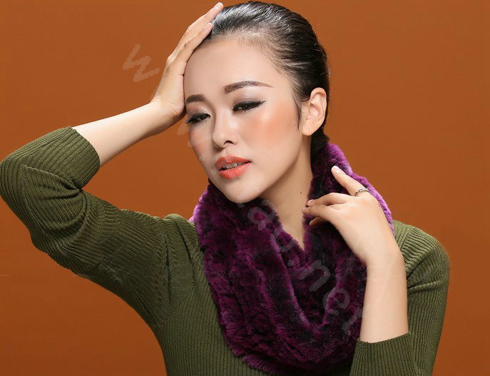 Knitted Rex rabbit fur scarf women winter warm female Circle neck wrap - Purple