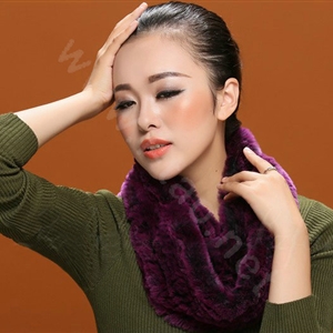 Knitted Rex rabbit fur scarf women winter warm female Circle neck wrap - Purple
