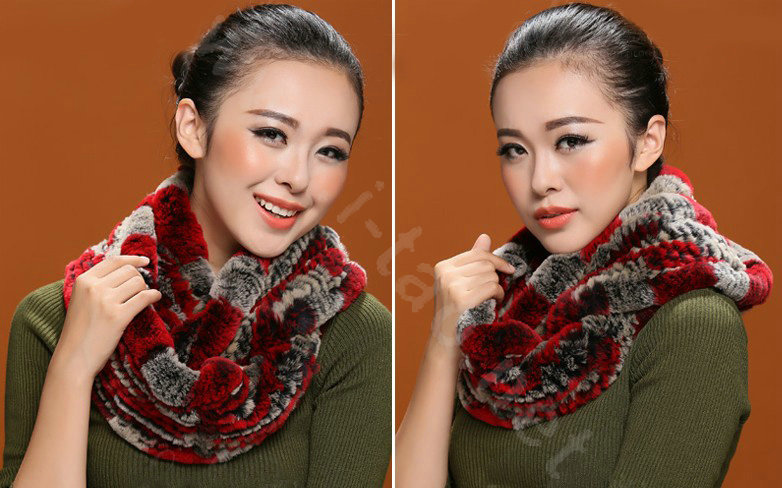 Knitted Rex rabbit fur scarf women winter warm female Circle neck wrap - Red Grey