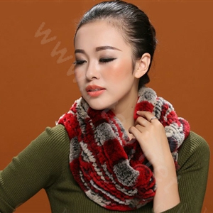 Knitted Rex rabbit fur scarf women winter warm female Circle neck wrap - Red Grey