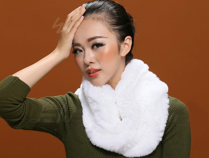 Knitted Rex rabbit fur scarf women winter warm female Circle neck wrap - White