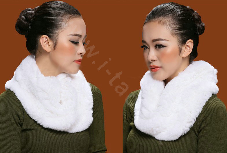 Knitted Rex rabbit fur scarf women winter warm female Circle neck wrap - White