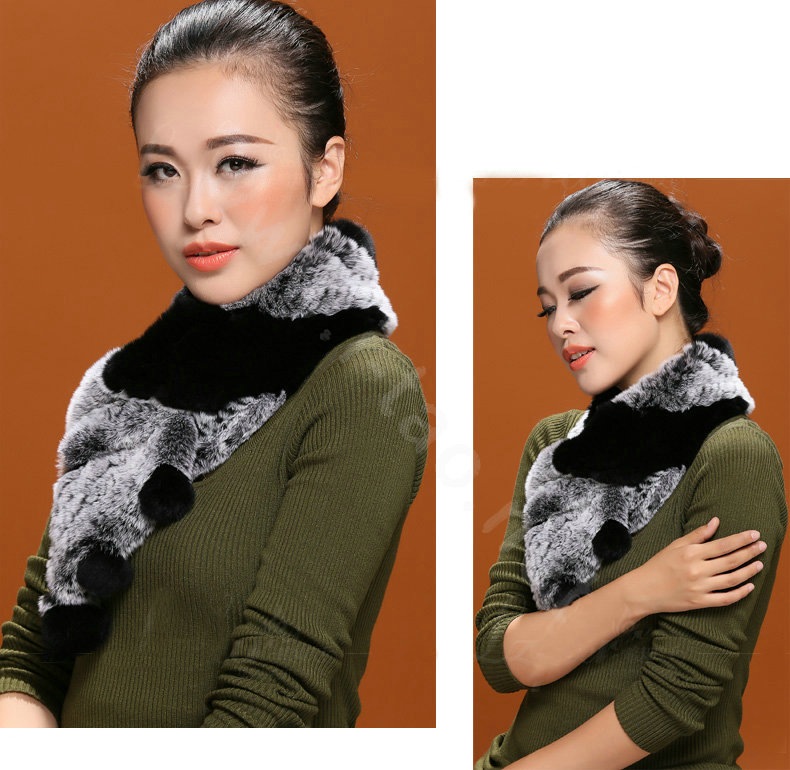 Knitted Rex rabbit fur scarf women winter warm scarves female neck wrap - Black Grey