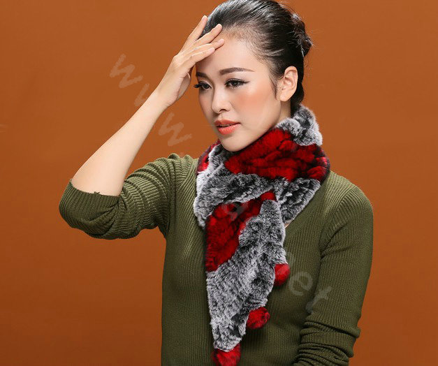 Knitted Rex rabbit fur scarf women winter warm scarves female neck wrap - Black Red