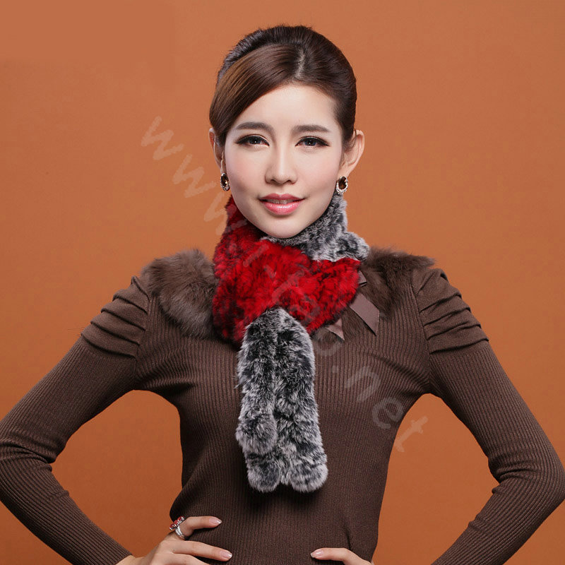 Knitted Rex rabbit fur scarf women winter warm scarves female neck wrap - Black Red