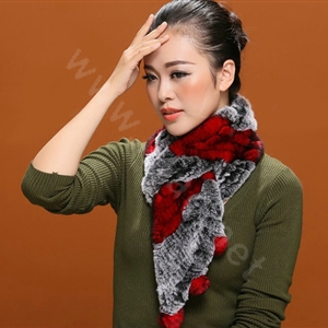 Knitted Rex rabbit fur scarf women winter warm scarves female neck wrap - Black Red