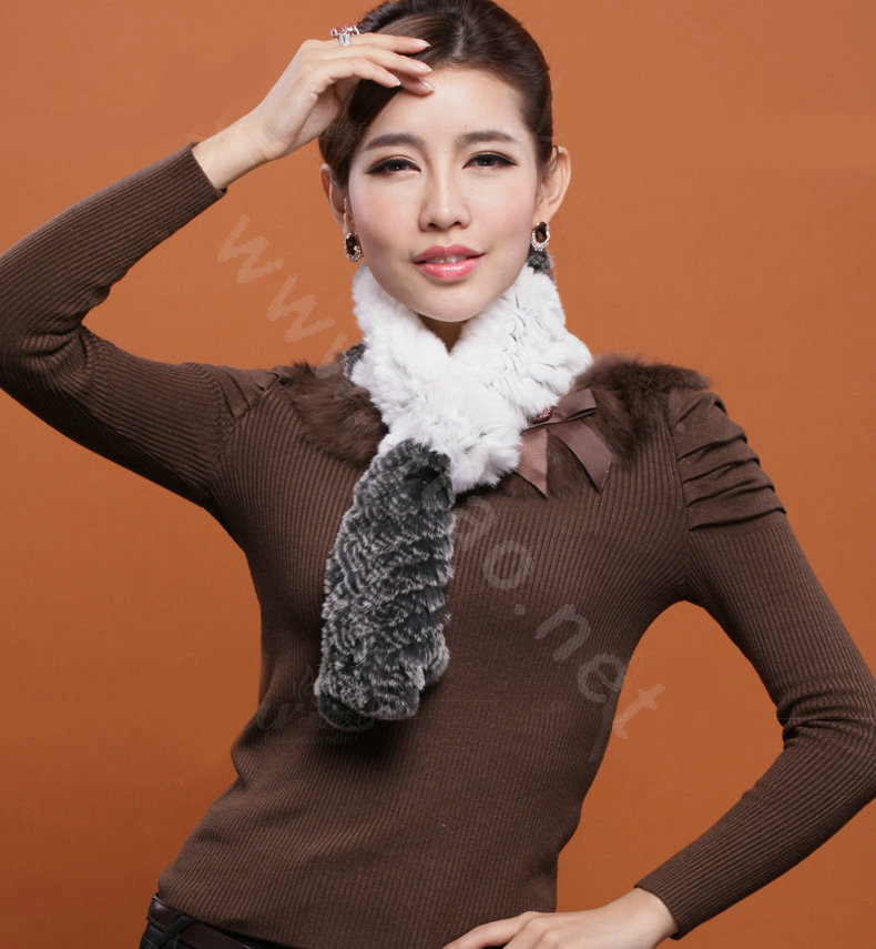 Knitted Rex rabbit fur scarf women winter warm scarves female neck wrap - Black White