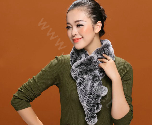 Knitted Rex rabbit fur scarf women winter warm scarves female neck wrap - Black