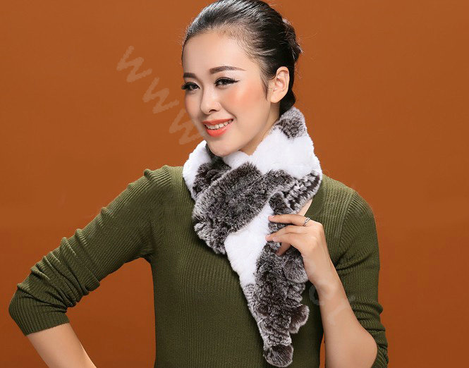 Knitted Rex rabbit fur scarf women winter warm scarves female neck wrap - Coffee White