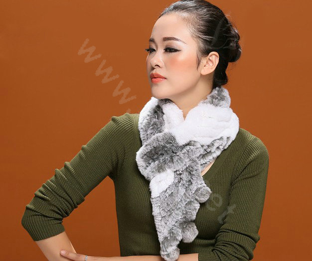 Knitted Rex rabbit fur scarf women winter warm scarves female neck wrap - Grey White