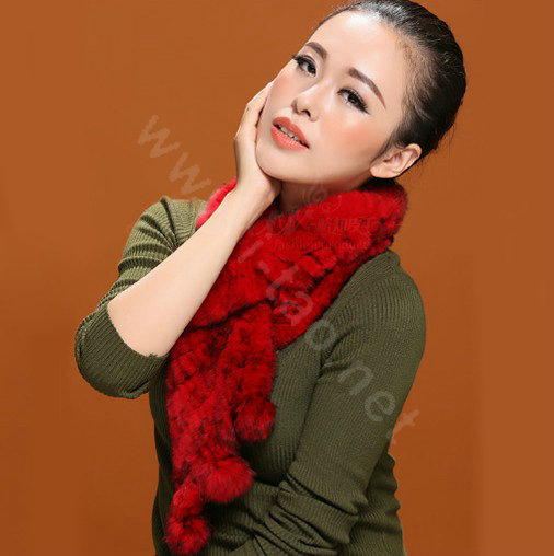 Knitted Rex rabbit fur scarf women winter warm scarves female neck wrap - Red