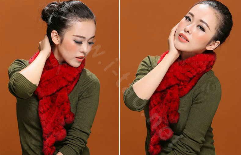 Knitted Rex rabbit fur scarf women winter warm scarves female neck wrap - Red