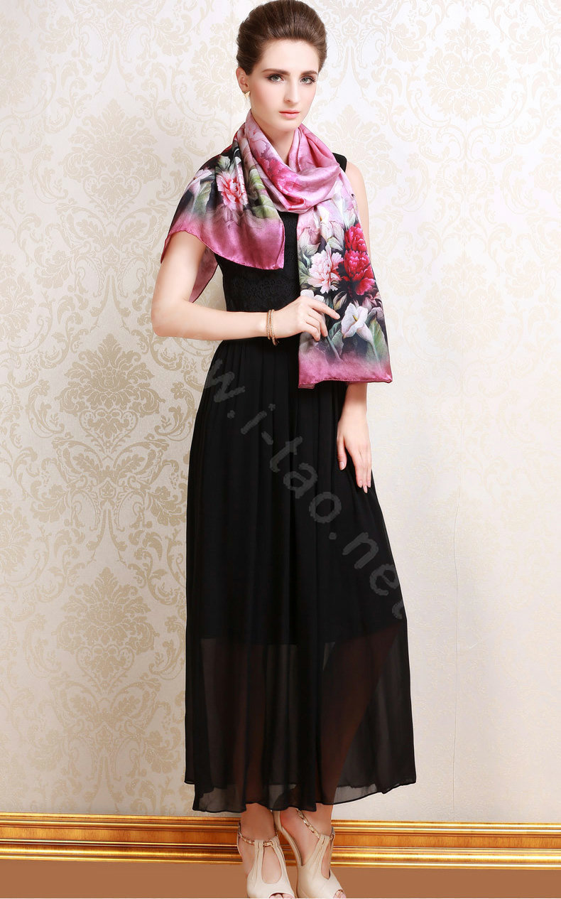Luxury autumn and winter female 100% mulberry silk flower print scarf shawl wrap - Pink