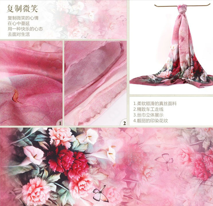 Luxury autumn and winter female 100% mulberry silk flower print scarf shawl wrap - Pink