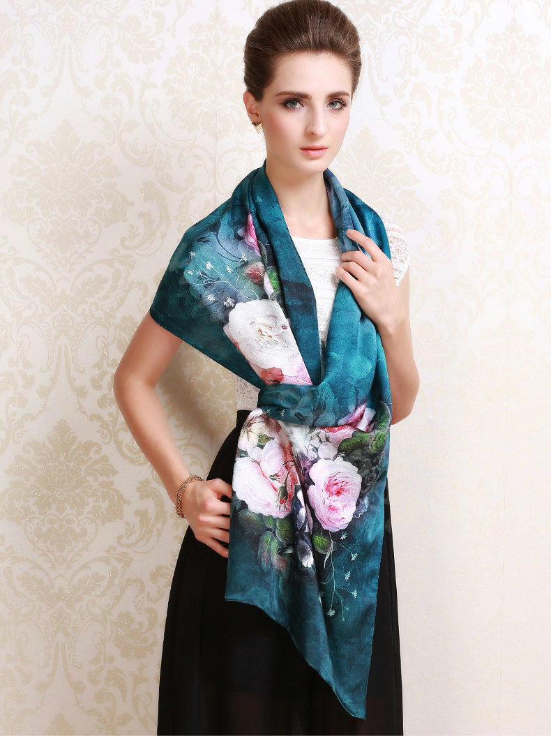 Luxury autumn and winter female 100% mulberry silk flowers print scarf shawl wrap - Dark blue