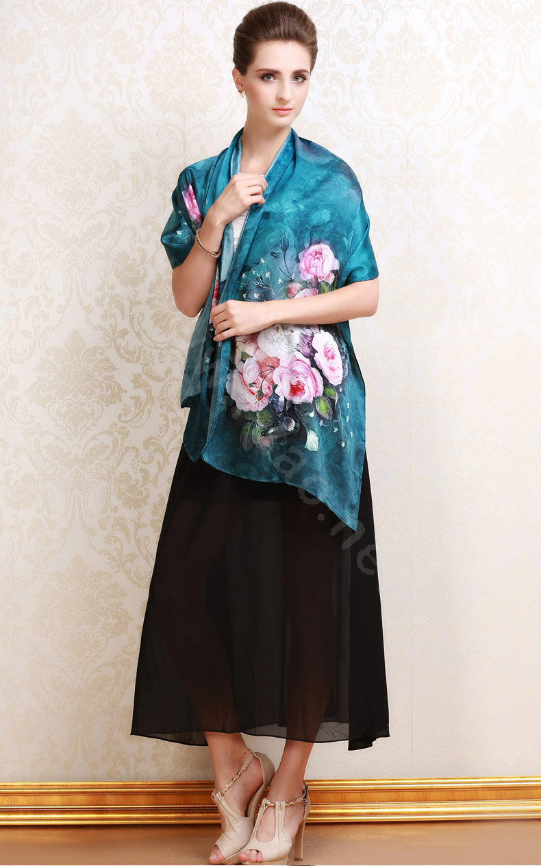 Luxury autumn and winter female 100% mulberry silk flowers print scarf shawl wrap - Dark blue