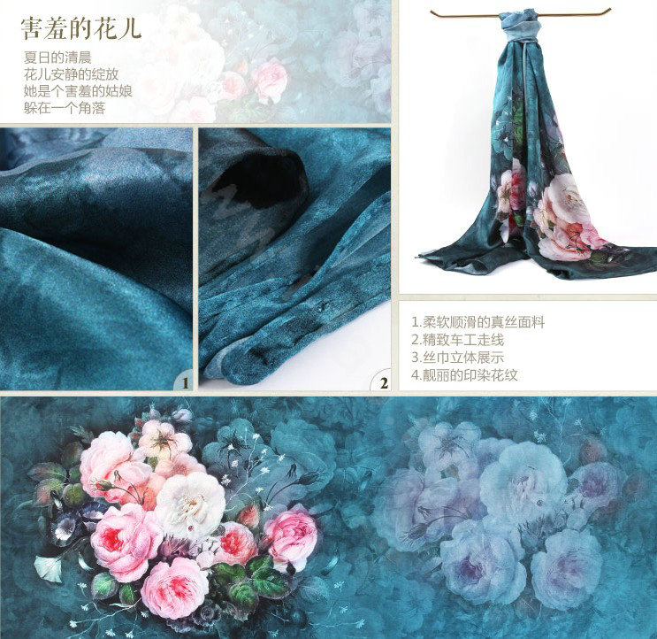 Luxury autumn and winter female 100% mulberry silk flowers print scarf shawl wrap - Dark blue
