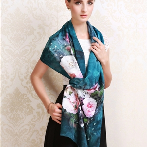 Luxury autumn and winter female 100% mulberry silk flowers print scarf shawl wrap - Dark blue