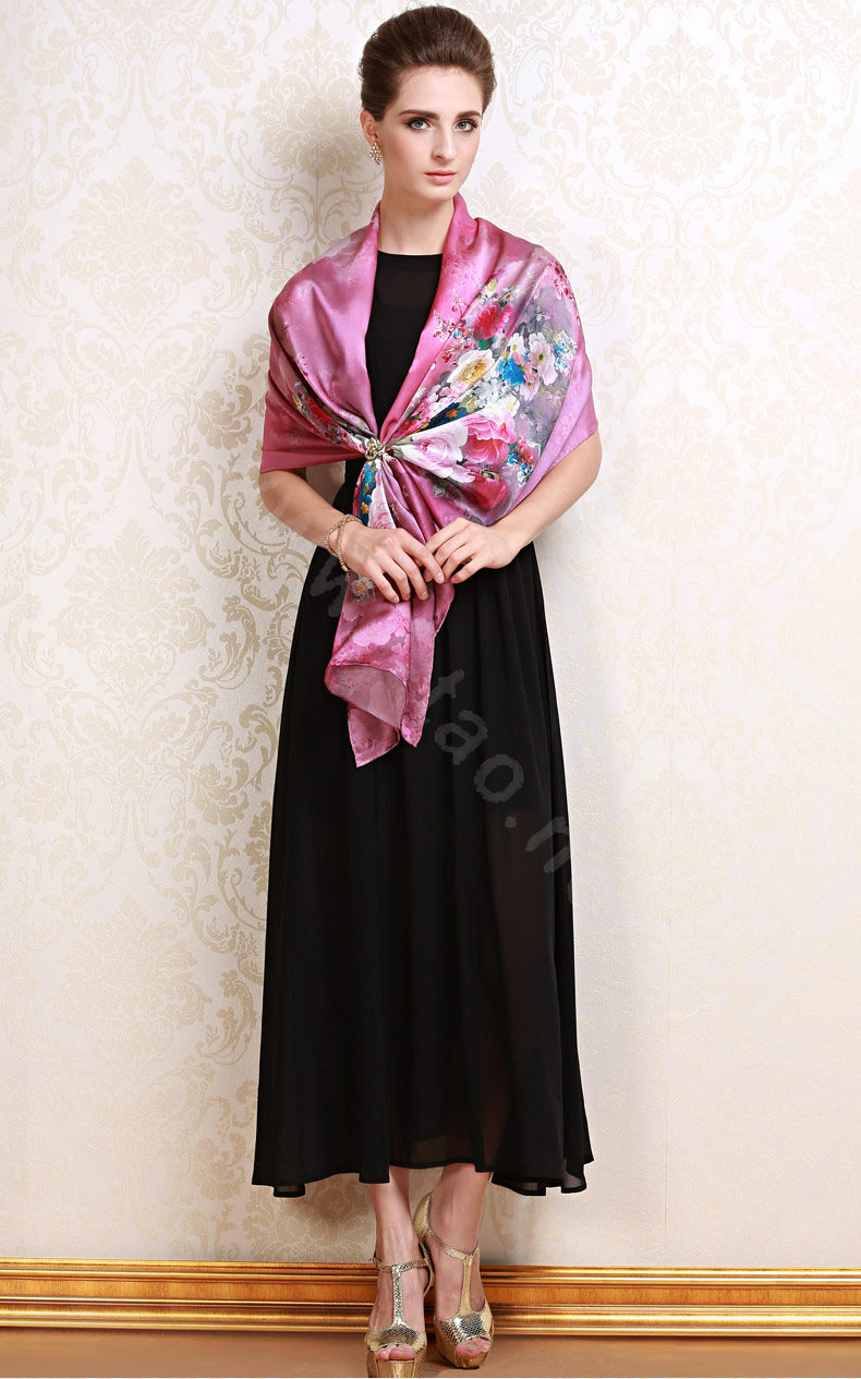 Luxury autumn and winter female 100% mulberry silk flowers print scarf shawl wrap - Purple