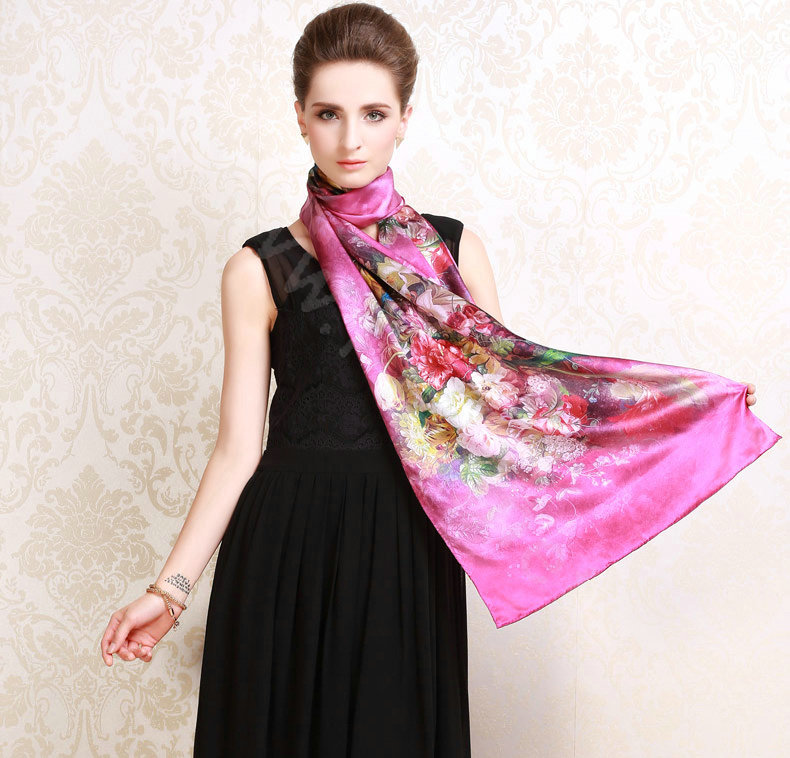 Luxury autumn and winter female 100% mulberry silk flowers print scarf shawl wrap - Rose