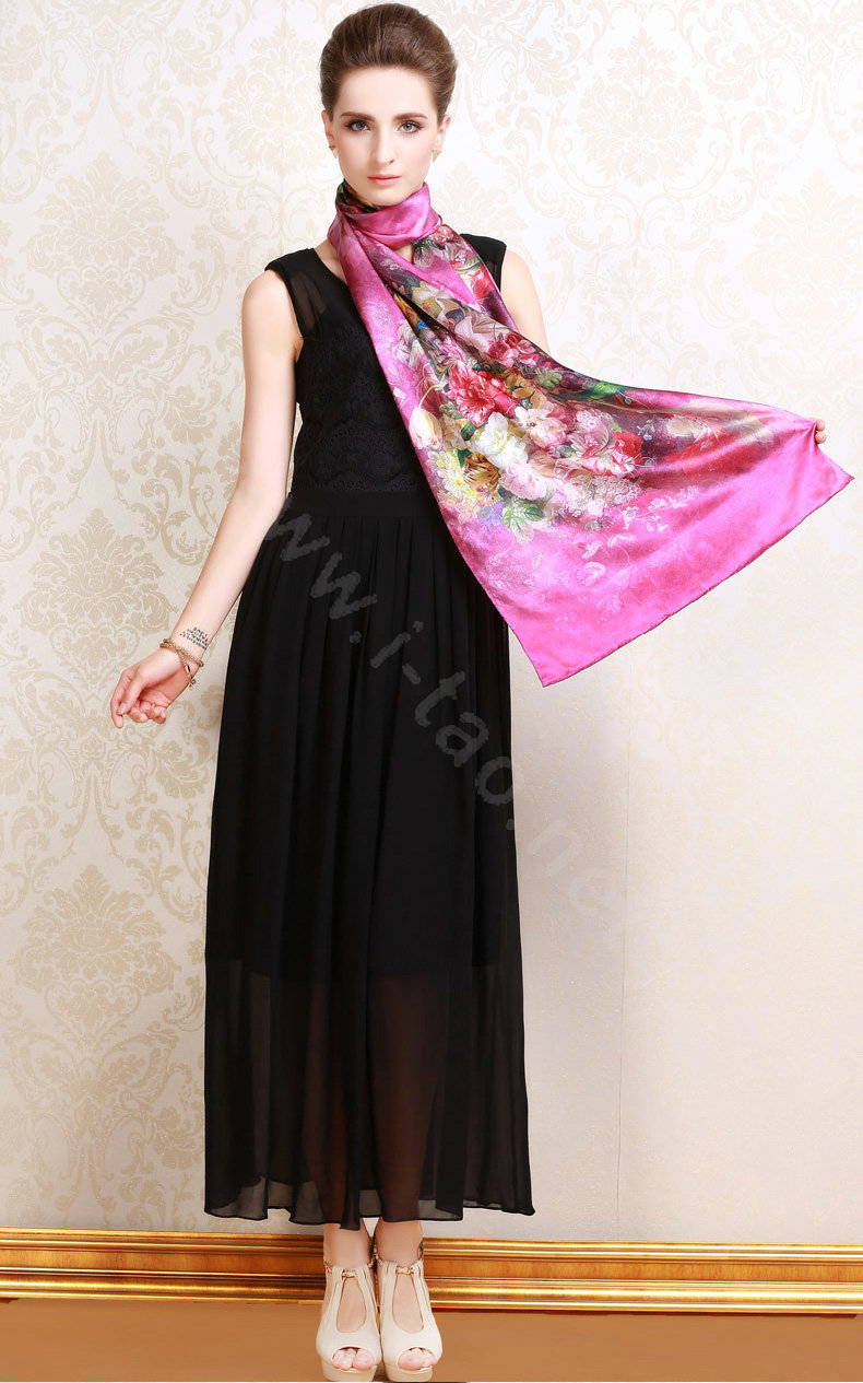 Luxury autumn and winter female 100% mulberry silk flowers print scarf shawl wrap - Rose