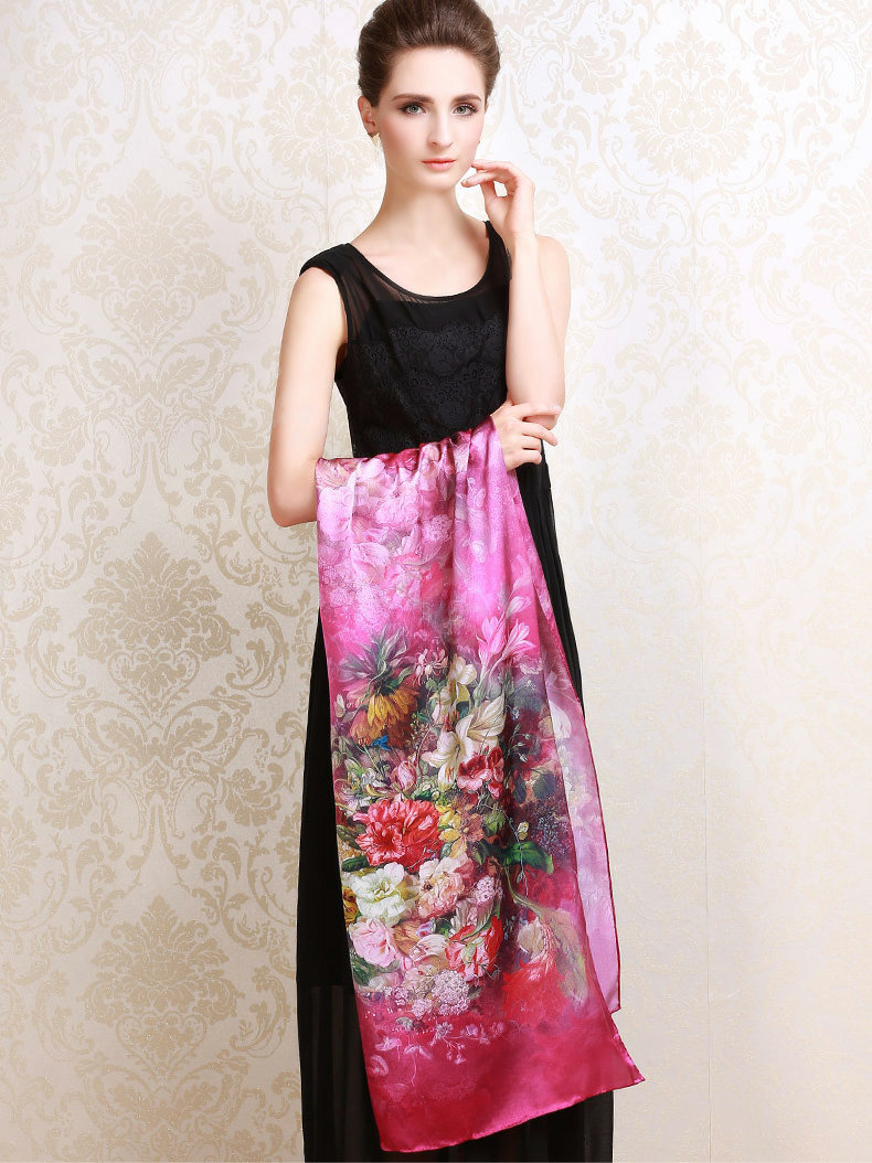 Luxury autumn and winter female 100% mulberry silk flowers print scarf shawl wrap - Rose