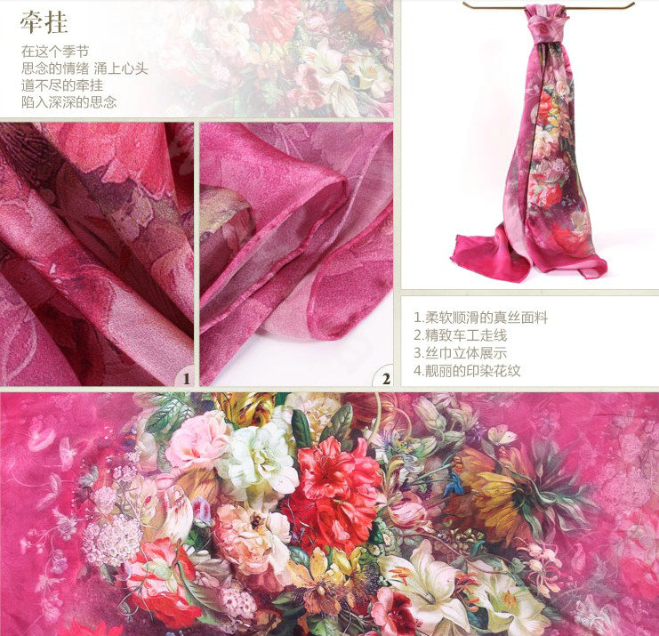 Luxury autumn and winter female 100% mulberry silk flowers print scarf shawl wrap - Rose