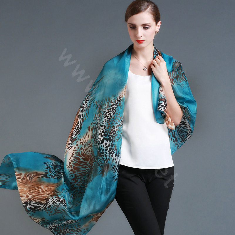 Luxury autumn and winter female 100% mulberry silk leopard print scarf shawl wrap - Blue