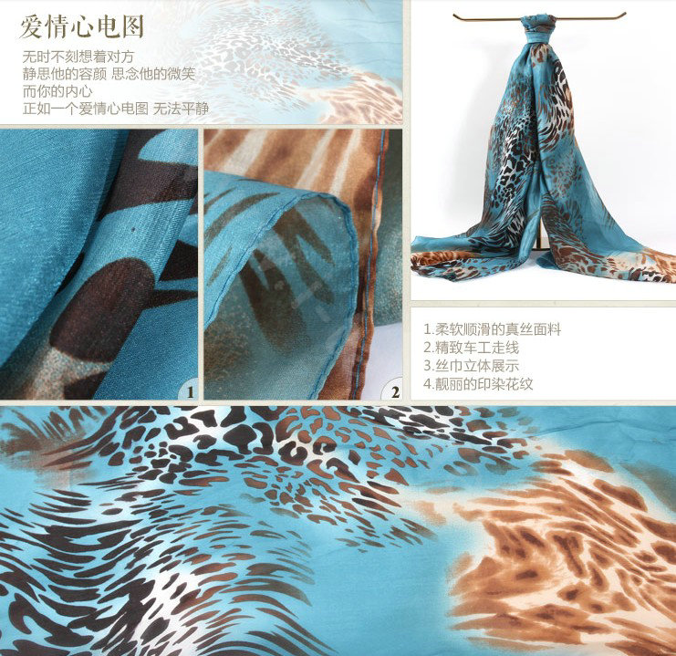 Luxury autumn and winter female 100% mulberry silk leopard print scarf shawl wrap - Blue
