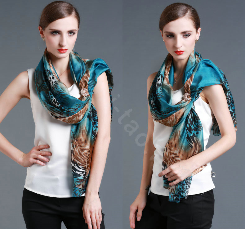 Luxury autumn and winter female 100% mulberry silk leopard print scarf shawl wrap - Blue
