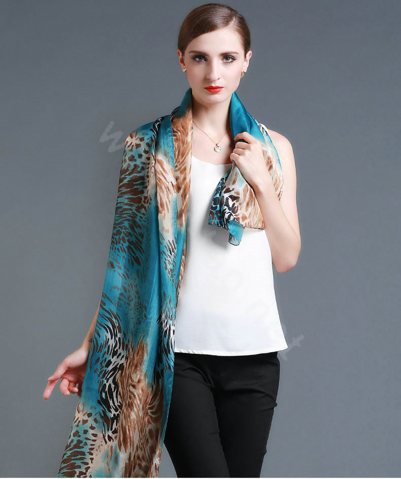 Luxury autumn and winter female 100% mulberry silk leopard print scarf shawl wrap - Blue