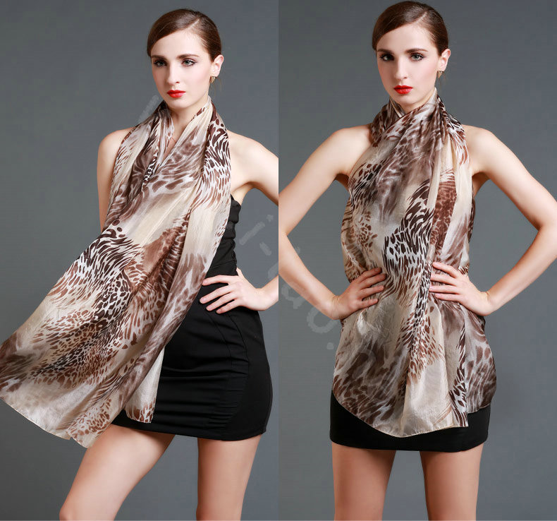 Luxury autumn and winter female 100% mulberry silk leopard print scarf shawl wrap - Coffee