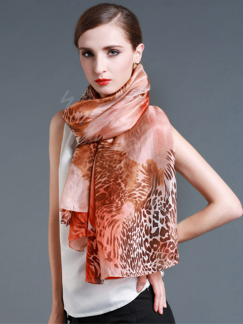 Luxury autumn and winter female 100% mulberry silk leopard print scarf shawl wrap - Orange