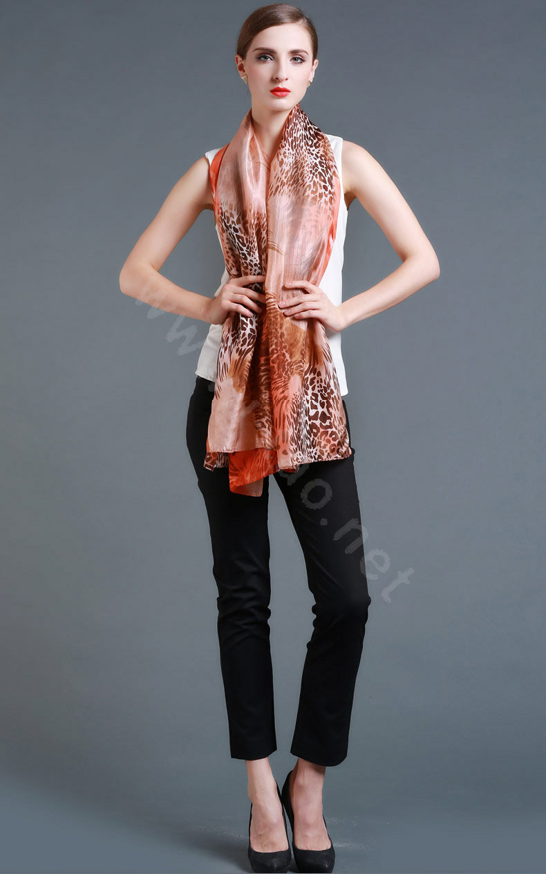 Luxury autumn and winter female 100% mulberry silk leopard print scarf shawl wrap - Orange