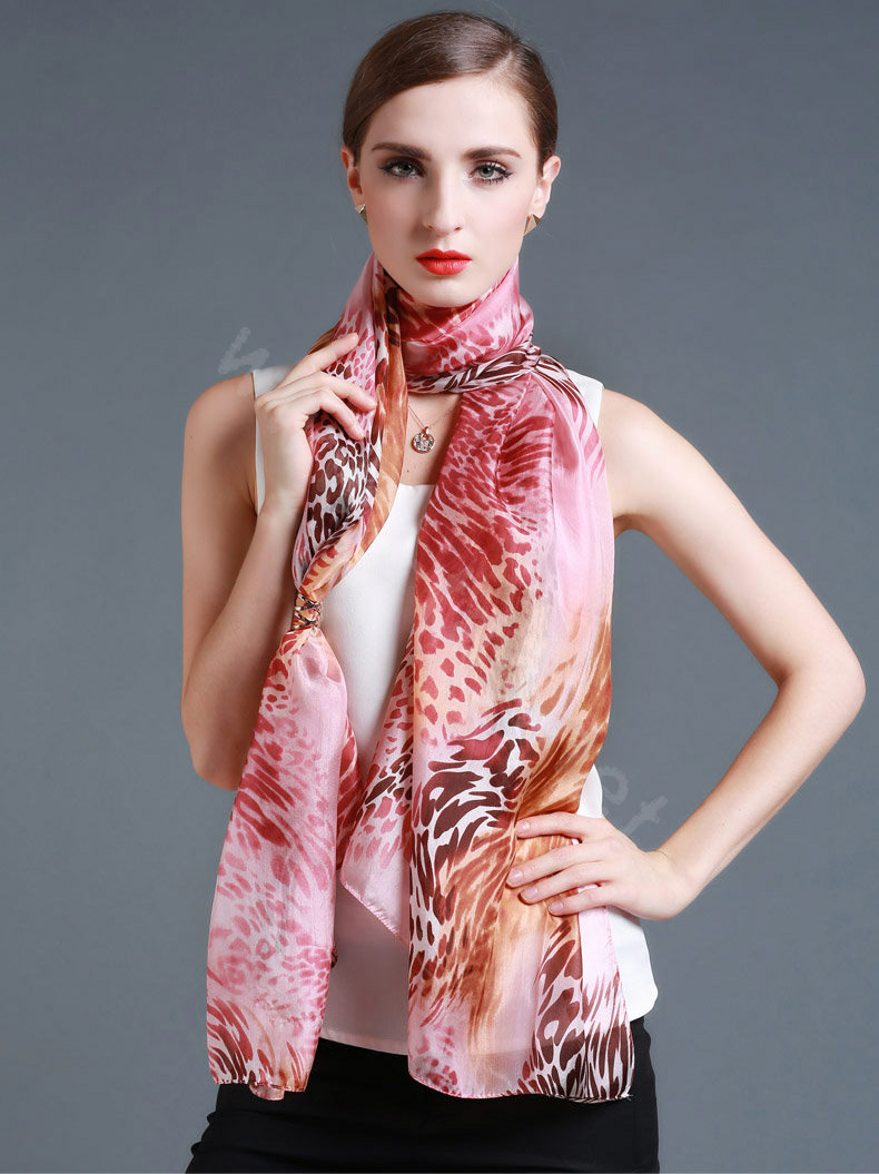 Luxury autumn and winter female 100% mulberry silk leopard print scarf shawl wrap - Pink