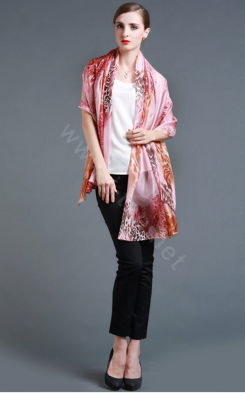 Luxury autumn and winter female 100% mulberry silk leopard print scarf shawl wrap - Pink