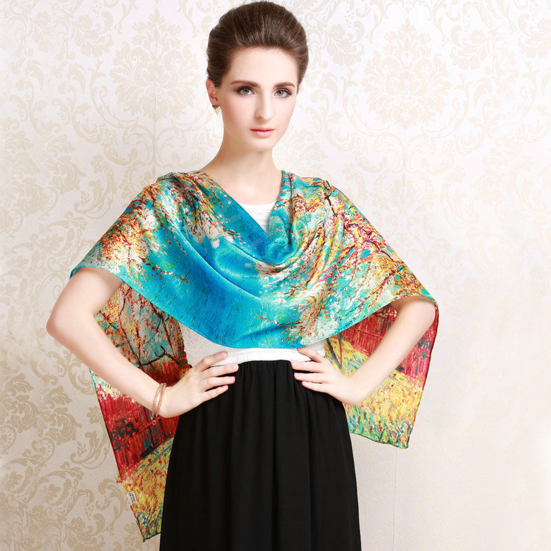 Luxury autumn and winter female 100% mulberry silk print scarf shawl wrap - Blue